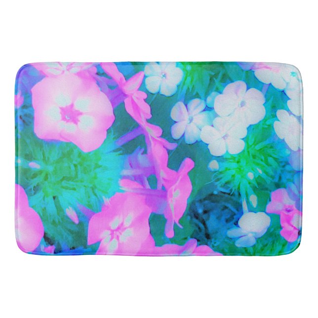 Phlox-Blume in Rosa, Grün, Blau und Weiß. Badematte (Vorderseite)