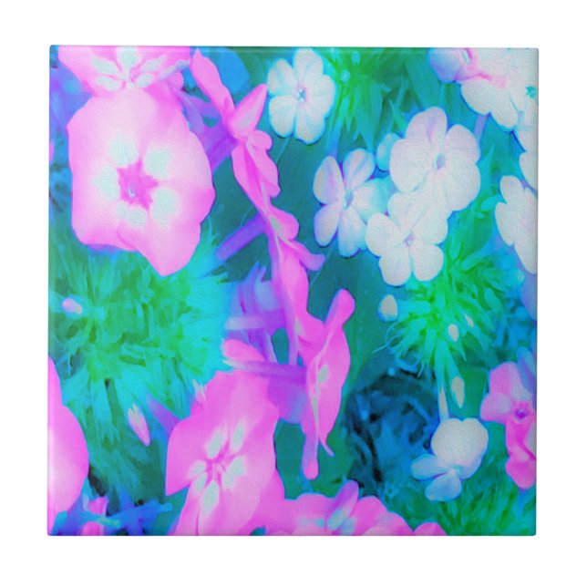 Phlox-Blume in Rosa, Grün, Blau und Weiß. Fliese (Vorderseite)