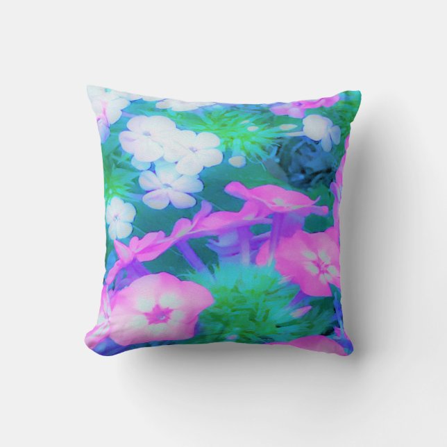 Phlox-Blume in Rosa, Grün, Blau und Weiß. Kissen (Vorderseite)