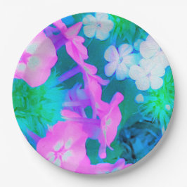 Phlox-Blume in Rosa, Grün, Blau und Weiß. Pappteller