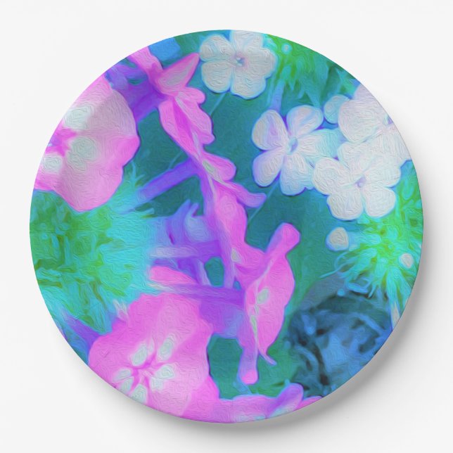 Phlox-Blume in Rosa, Grün, Blau und Weiß. Pappteller (Vorderseite)