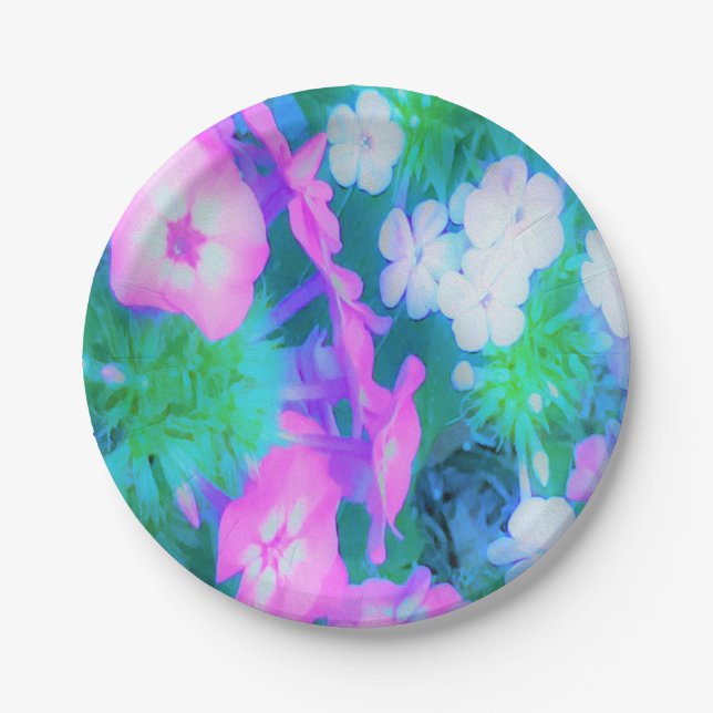 Phlox-Blume in Rosa, Grün, Blau und Weiß. Pappteller (Vorderseite)