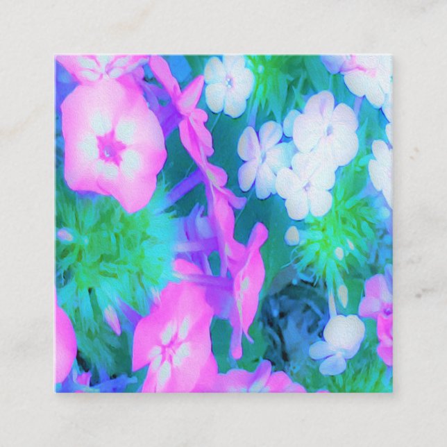 Phlox-Blume in Rosa, Grün, Blau und Weiß. Quadratische Visitenkarte (Vorderseite)