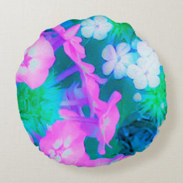 Phlox-Blume in Rosa, Grün, Blau und Weiß. Rundes Kissen