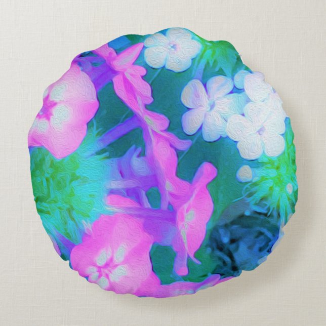 Phlox-Blume in Rosa, Grün, Blau und Weiß. Rundes Kissen (Rückseite)