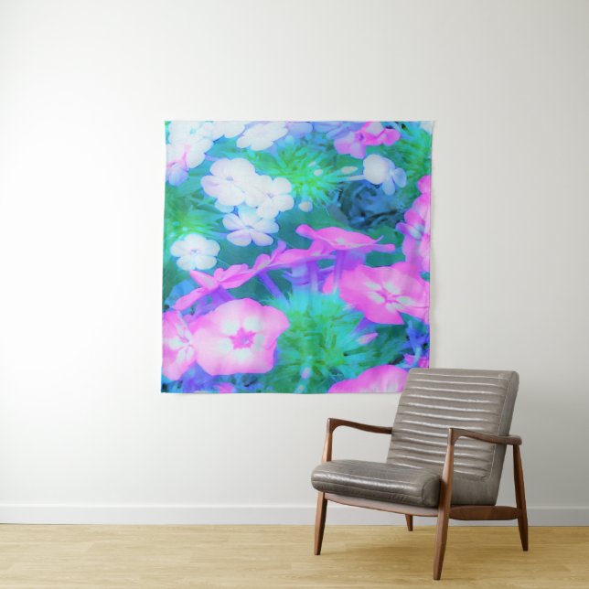 Phlox-Blume in Rosa, Grün, Blau und Weiß. Wandteppich (Beispiel)
