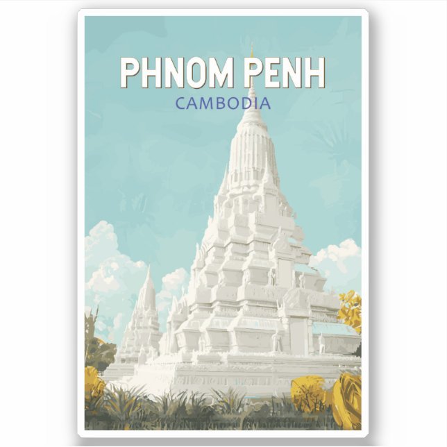 Phnom Penh Cambodia Illustration Travel Art Retro Aufkleber (Vorderseite)