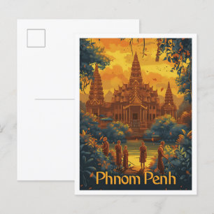 Phnom Penh Cambodia Vintage Travel Illustration Postkarte
