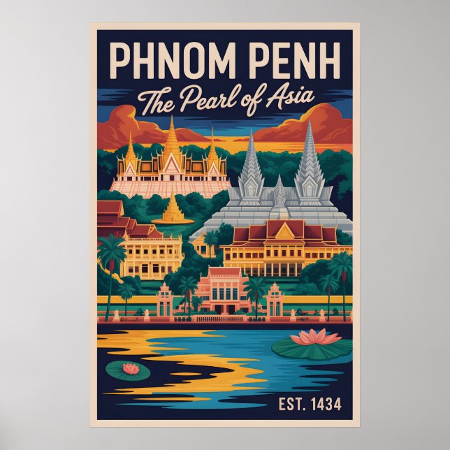 Phnom Penh Kambodscha Retro-Reiseposter-Kunst Poster (Vorne)