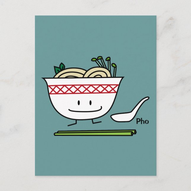 Pho Noodle Bowl Vietnam Suppenlöffel Stäbchen Postkarte (Vorderseite)