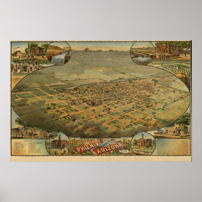 Phoenix Arizona 1885 Antike Panoramakarte Poster (Vorne)