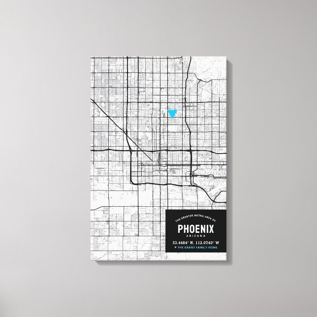 Phoenix, Arizona Stadtkarte + Ort markieren Leinwanddruck (Vorderseite)