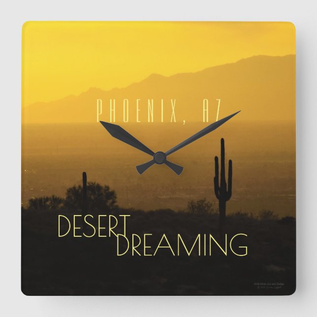 Phoenix Arizona Sunset Cactus Desert Dreaming Quadratische Wanduhr (Vorderseite)