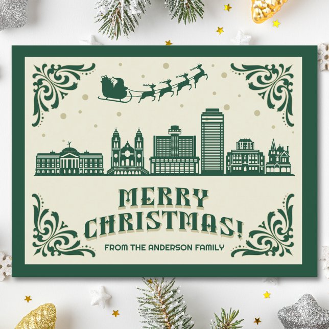 Phoenix, AZ Skyline Weihnachtsfeiertag Postkarte (Phoenix, AZ skyline christmas card green modern merry christmas postcard with custom details)