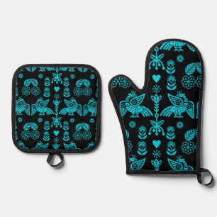 Phoenix Bird Folk Art Print Ofenhandschuh & Topflappen-Set