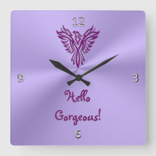 Phoenix Emblem Design with Hello Gorgeous text Quadratische Wanduhr
