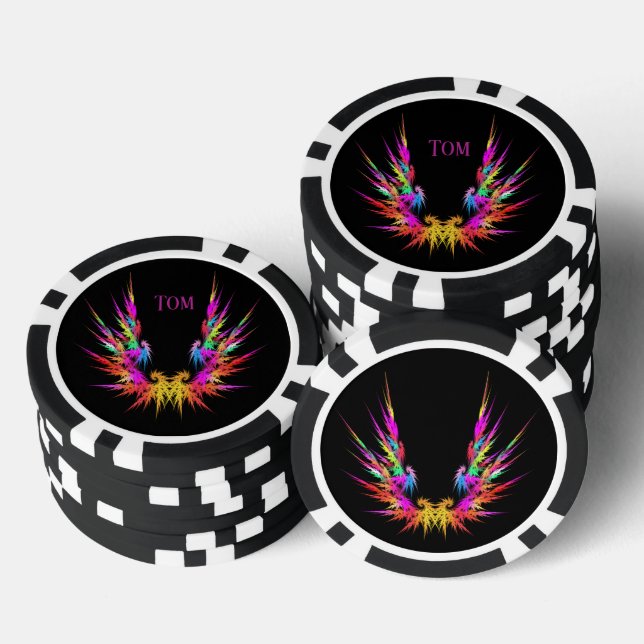 Phoenix - farbenfrohe Fraktalkunst auf Schwarz, in Pokerchips (Stapel)