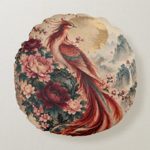 Phoenix mit Pfingstrosen und Kirschblüten – Golden Rundes Kissen