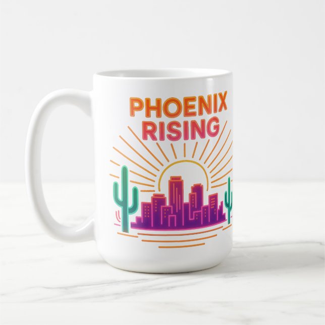 Phoenix Rising Neon City – Retro Synthwave-Wüste Kaffeetasse (Links)