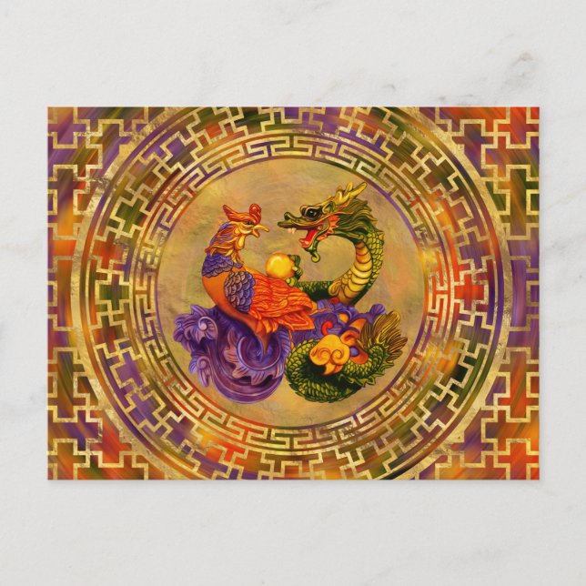 Phoenix und Dragon - Farbe und Gold Postkarte (Vorderseite)