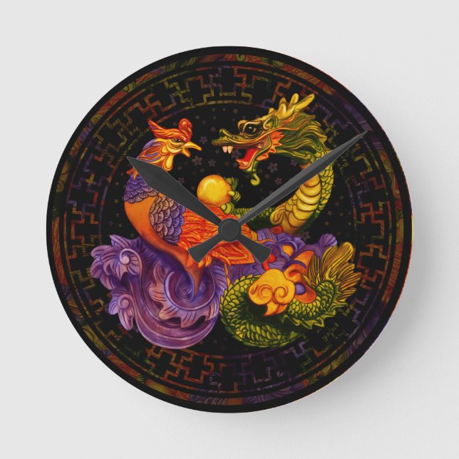 Phoenix und Dragon in Farbe Runde Wanduhr (Vorderseite)