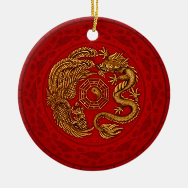 Phoenix und Dragon mit Bagua #4 Keramik Ornament (Vorne)