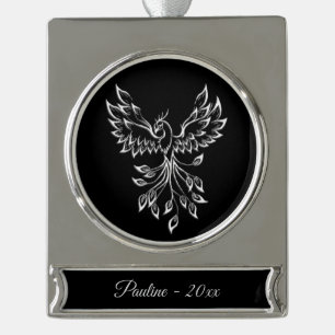 Phoenixanstiege auf schwarz Banner-Ornament silber
