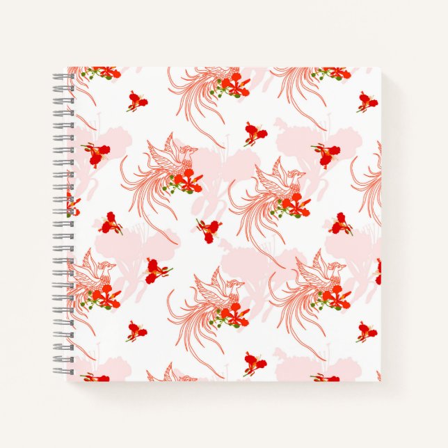Phoenixvogel und Phoenix-Blume Nahtloses Muster Notizbuch (Vorderseite)