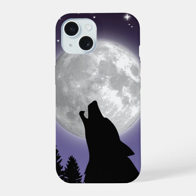 Phone case with a wolf howling at the full moon iPhone 15 hülle (Rückseite)