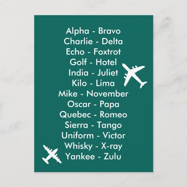 Phonetic Alphabet Aviation Flugzeug Spotters Aero Postkarte (Vorderseite)