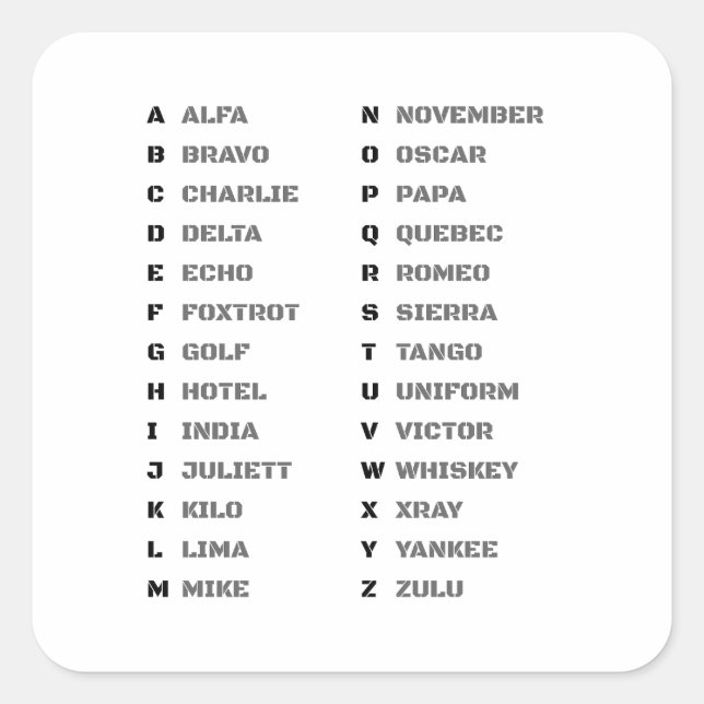 Phonetic Alphabet for the Military ALFA-ZULU Quadratischer Aufkleber (Vorderseite)