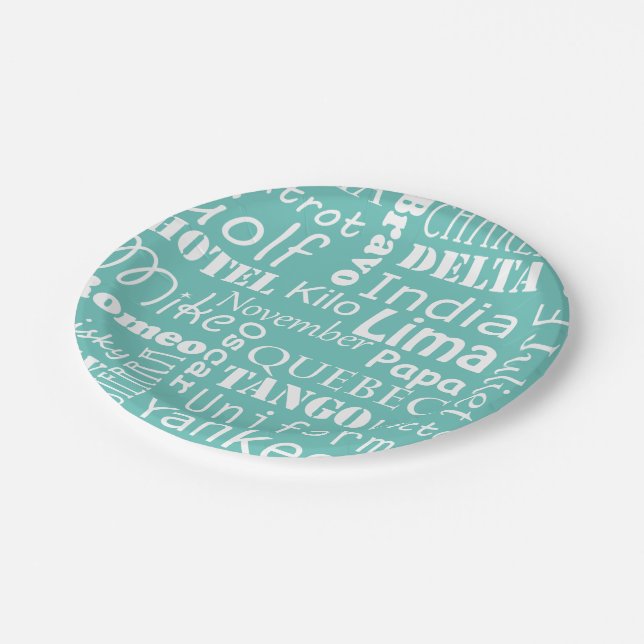 Phonetisch Alphabet Blau und Weiß Pappteller (Schrägansicht)