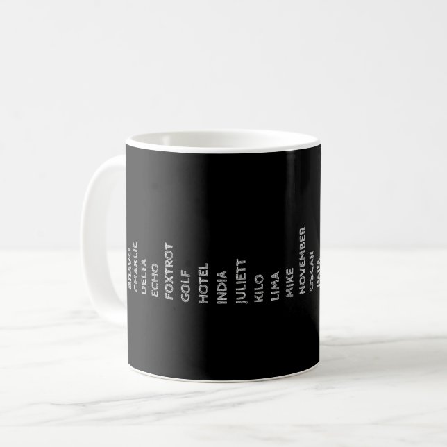Phonetischer Code-Pilot Alphabet Kaffeetasse (Vorderseite Links)
