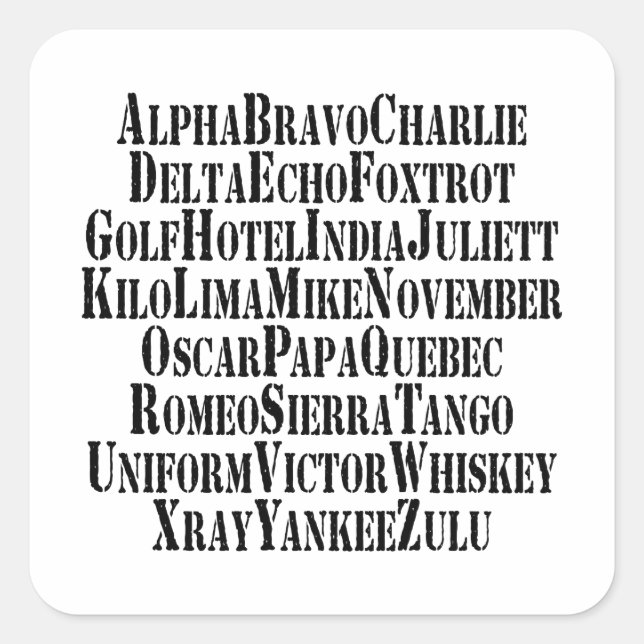 PHONETISCHES ALPHABET / CODEWORTE QUADRATISCHER AUFKLEBER (Vorderseite)