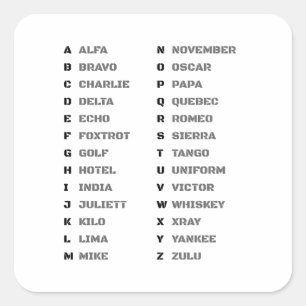 Phonetisches Alphabet für das Militär ALFA-ZULU Quadratischer Aufkleber
