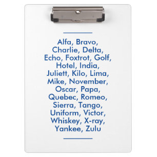 Phonetisches Alphabet "NATO", Alfa bis Zulu Klemmbrett