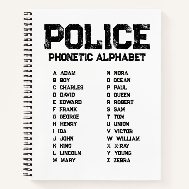 Phonetisches Alphabet Polizei Notizbuch Adam-Zebra (Vorderseite)