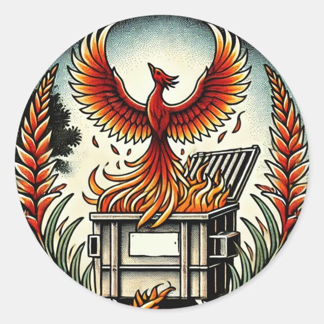 Phönix, der aus der Asche des Müllcontainer-Feuer  Runder Aufkleber (Vorderseite)