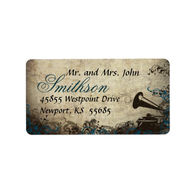 Phonograph Blue Vintage Wedding Address Label Adressaufkleber (Vorne)