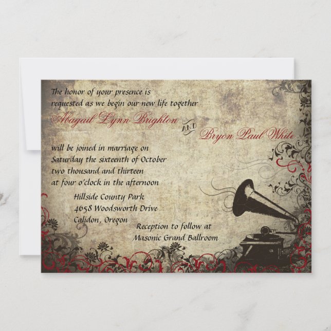 Phonograph Vintage Wedding Einladung Red (Vorderseite)