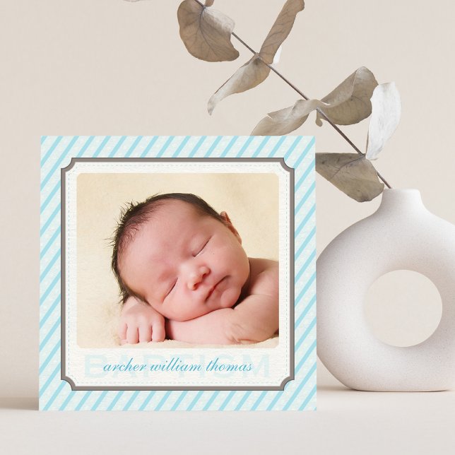 PHOTO BAPTISM modern vintage candy stripes blue Einladung (Von Creator hochgeladen)
