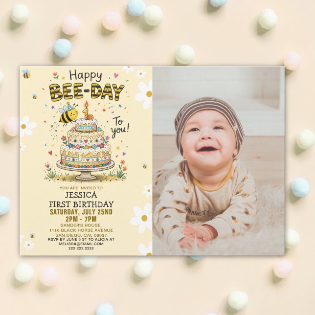 Photo Bee-Day 1st Birthday Invitation – Cute Bee Einladung (Von Creator hochgeladen)