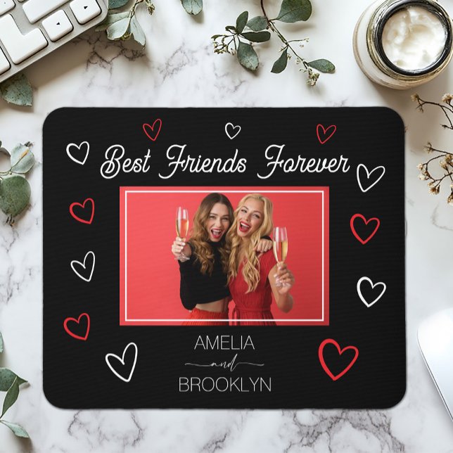 Photo Best Friends Forever Black and Red Hearts Mousepad (Photo Best Friends Forever Black and Red Hearts Mouse Pad)