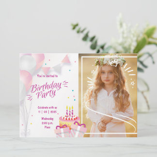 Photo Birthday Invitation with Balloons & Cake Einladung