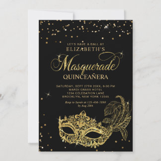 Photo Black Gold Glitter Masquerade Quinceañera Einladung