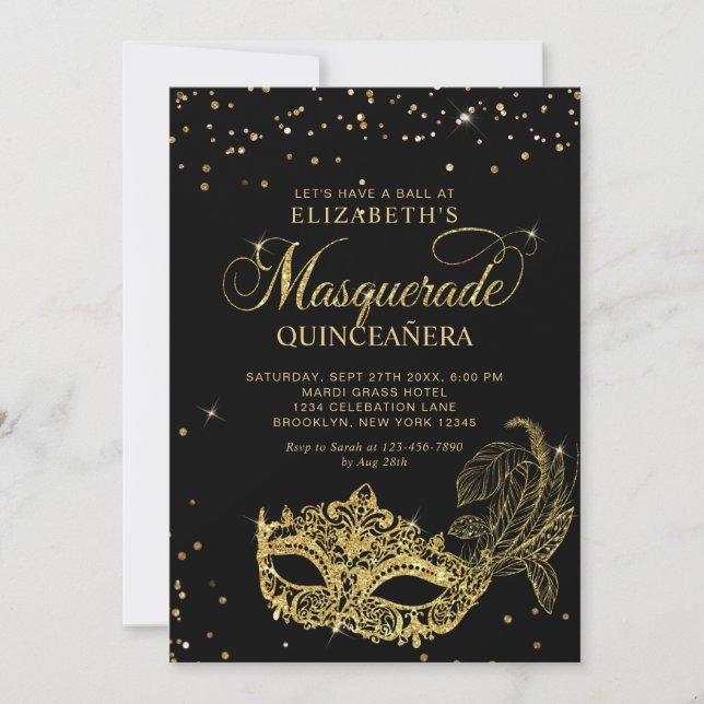 Photo Black Gold Glitter Masquerade Quinceañera Einladung (Vorderseite)