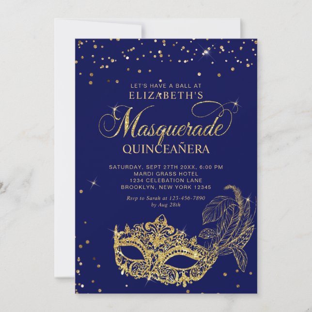 Photo Blue Gold Glitter Masquerade Quinceañera Einladung (Vorderseite)