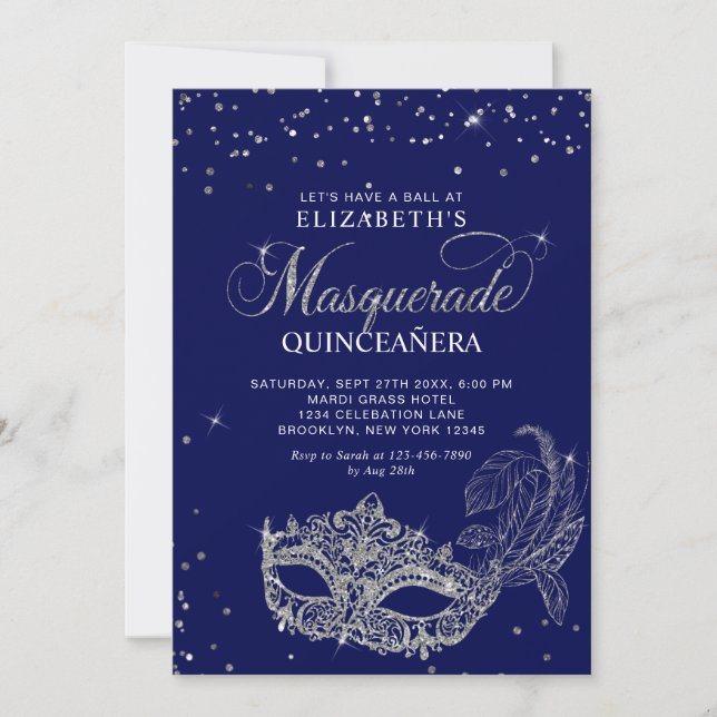Photo Blue Silver Glitter Masquerade Quinceañera Einladung (Vorderseite)
