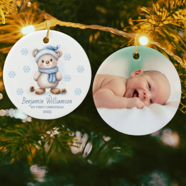 Photo Blue Snowflakes Bear Baby's 1st Christmas Keramik Ornament (Von Creator hochgeladen)