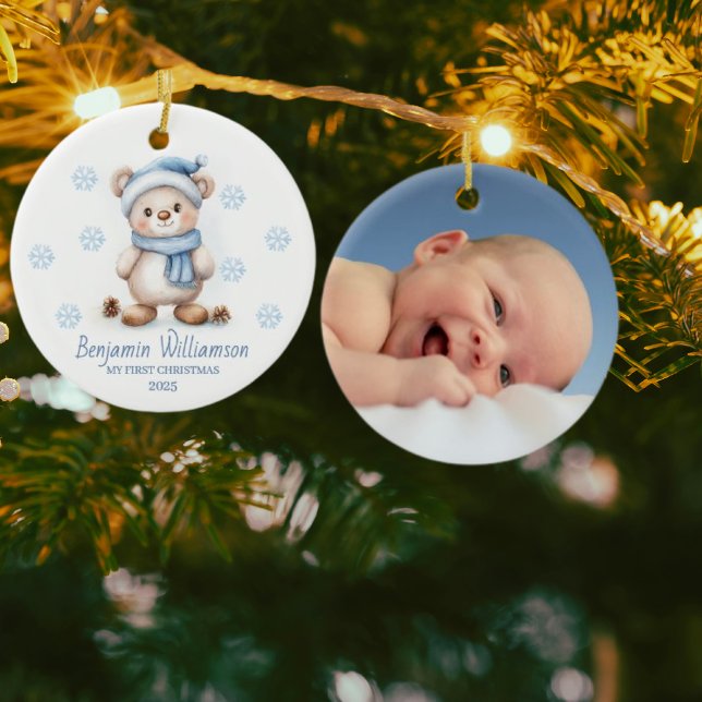 Photo Blue Snowflakes Bear Baby's 1st Christmas Keramik Ornament (Von Creator hochgeladen)